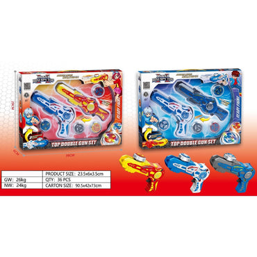 FUNTOP Top Double Gun Set(Random Color) in red and blue variants, includes spinning tops and launchers, ideal for action-packed kids' games.