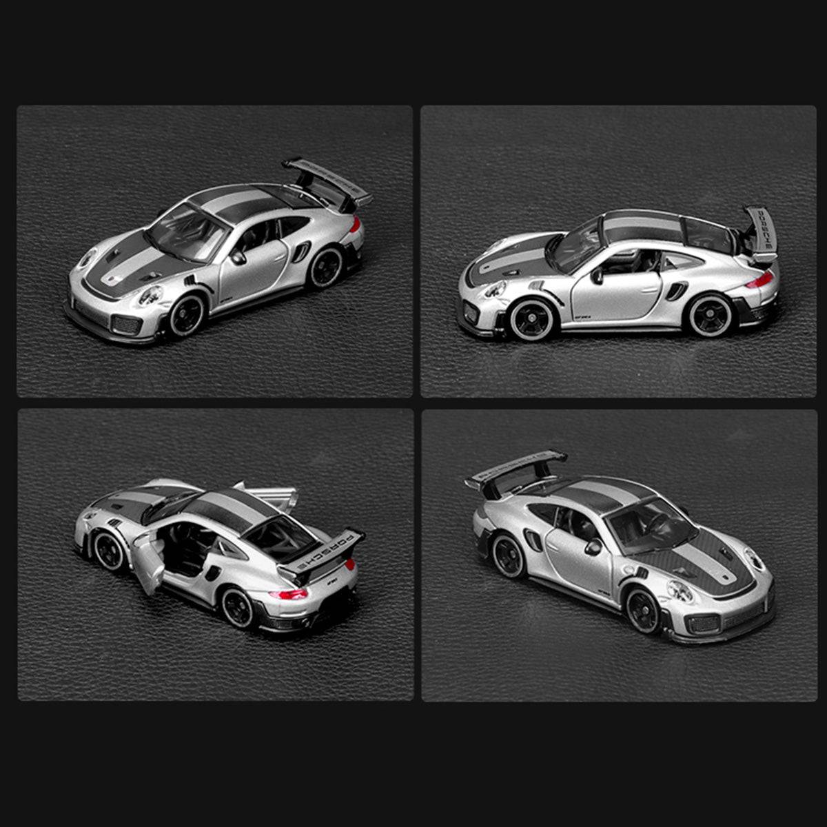 Bburago 1:64 Porsche 911 GT2 RS diecast model car in silver with black accents, featuring opening doors and detailed craftsmanship.
