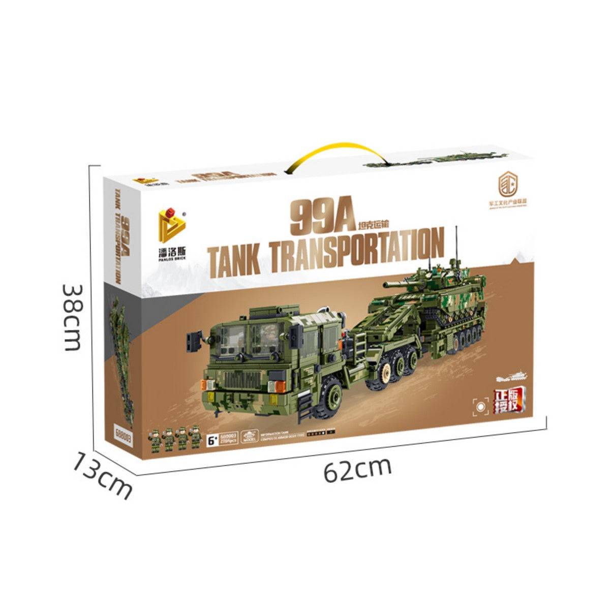 Packaging of the Panlos Brick 99A Tank Transportation set, measuring 62cm x 38cm x 13cm, featuring a military-themed design for collectors and builders.