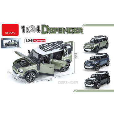 QY Toys 1:24 Alloy Die-Cast Car Model Defender in green with roof rack and detailed interior, perfect for toy SUV enthusiasts and collectors.