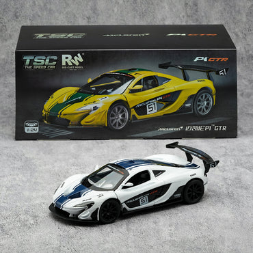 TOPTOY 1:24 Car Model The Speed Car Die-Cast Model featuring a McLaren P1 GTR in yellow and green racing livery, perfect for toy car enthusiasts.