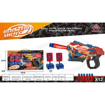 KAILI Soft Bullet Toy Gun Set featuring a red, blue, and tan blaster with foam darts and spider web targets, perfect for imaginative outdoor games.