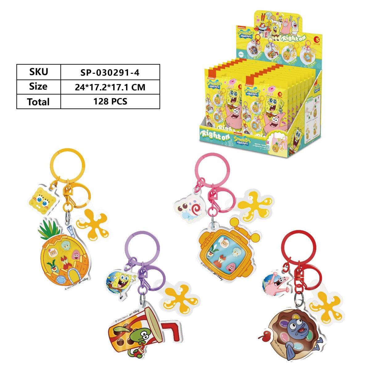 Set of SpongeBob SquarePants blind bag keychains with display box, showing 128 pieces and colorful keychain designs with product dimensions.