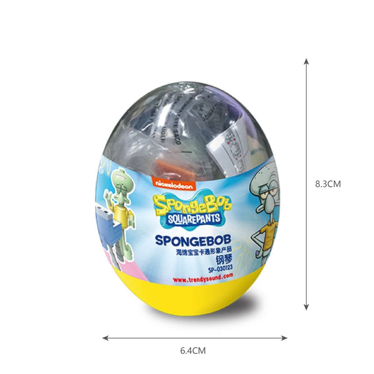 SpongeBob SquarePants Capsule Toy Music Party SP-030402 featuring Squidward on the packaging. Dimensions are 8.3cm height and 6.4cm width, containing a surprise building toy.