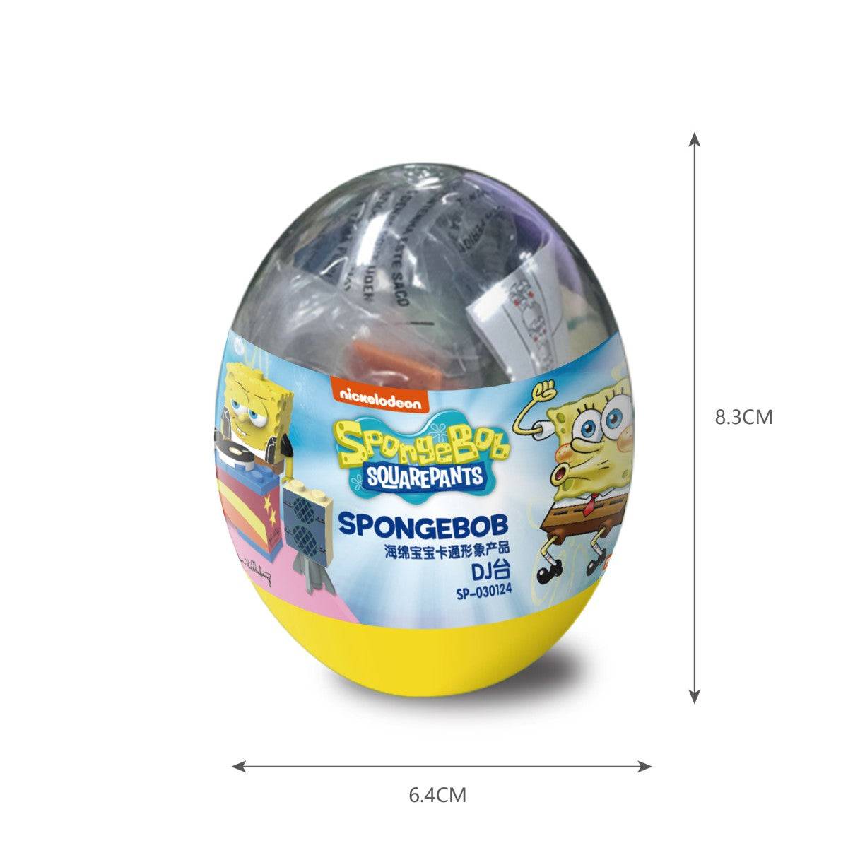 SpongeBob SquarePants Capsule Toy Music Party SP-030402 featuring SpongeBob on the packaging. Includes a surprise building toy, with dimensions of 8.3cm height and 6.4cm width.