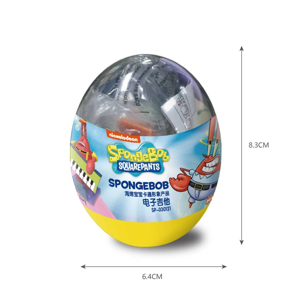 SpongeBob SquarePants Capsule Toy Music Party SP-030402 with Mr. Krabs on the packaging. Compact blind box toy with dimensions of 8.3cm height and 6.4cm width.