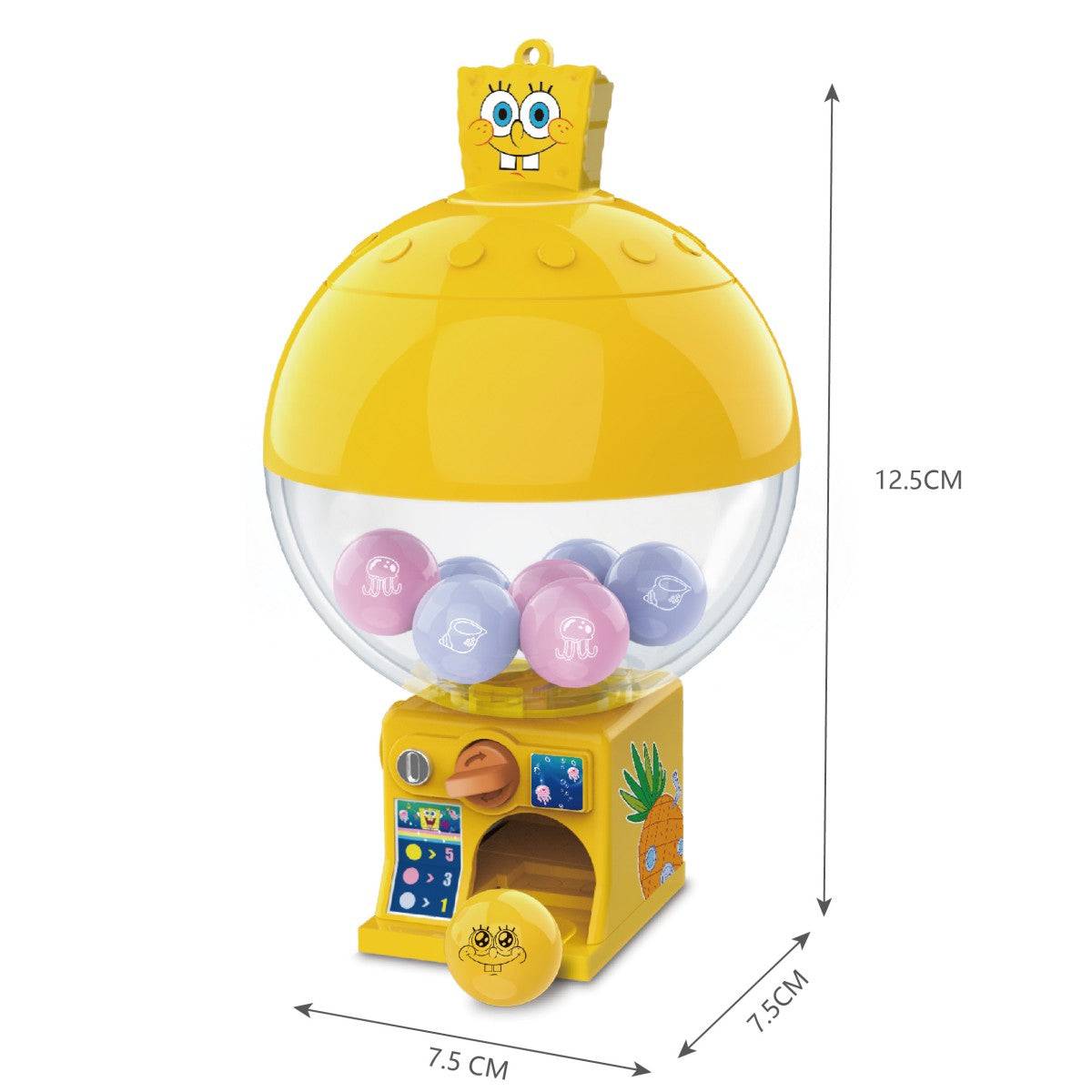 SpongeBob SquarePants Building Blocks Mini Twister SP-030521 featuring a yellow gumball-style dispenser with SpongeBob design, measuring 12.5cm tall.