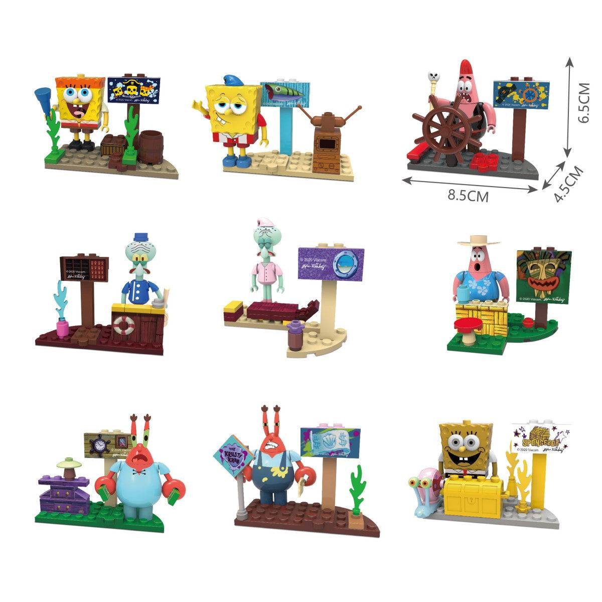SpongeBob SquarePants Blind Box Surprise Adventure SP-030701C featuring various building toy characters and scenes, including SpongeBob, Patrick, and Mr. Krabs.
