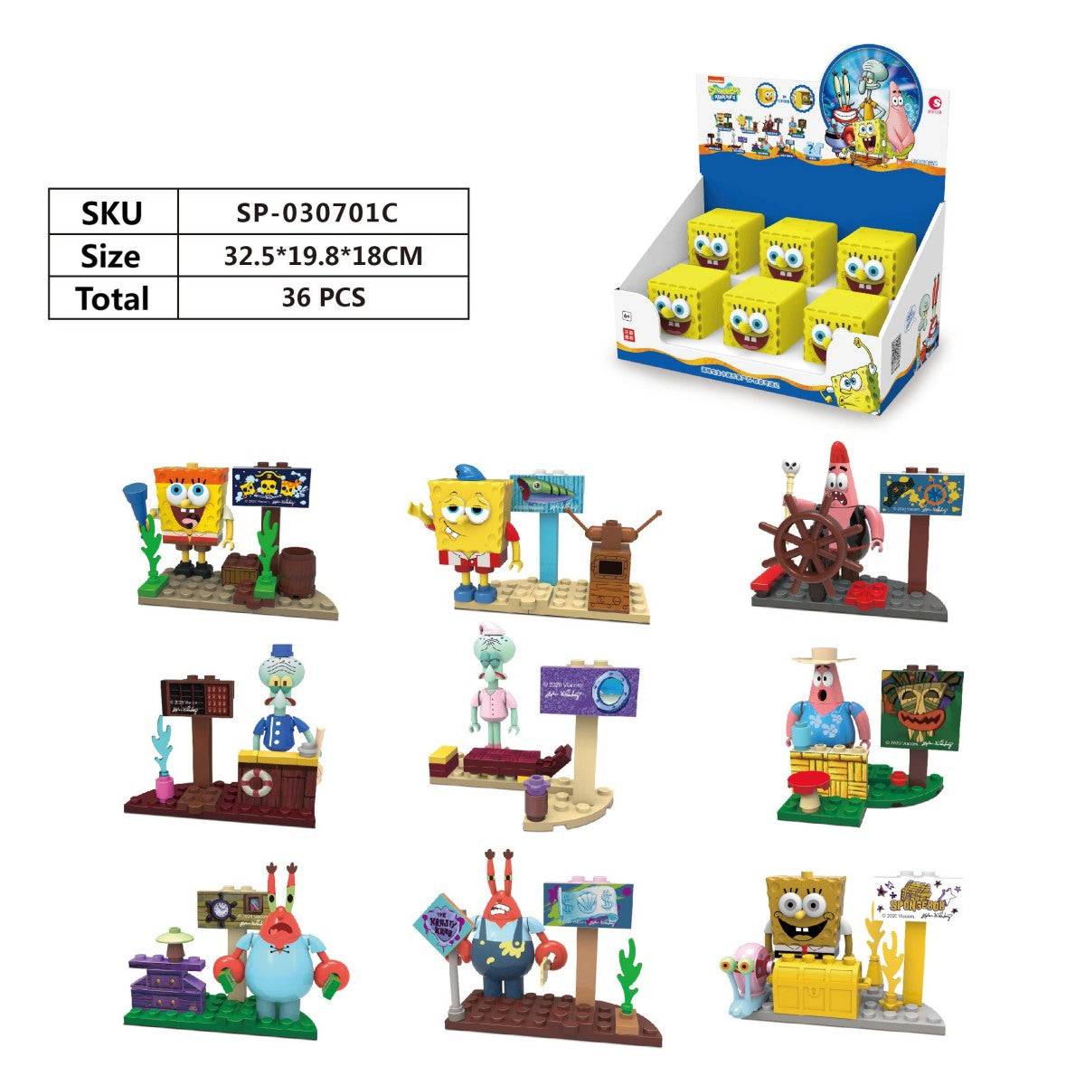 SpongeBob SquarePants Blind Box Surprise Adventure SP-030701C set with 36 pieces, showcasing collectible building toys and display box dimensions.