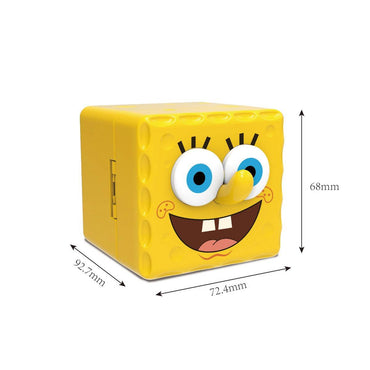 SpongeBob SquarePants Blind Box Surprise Adventure SP-030701C cube-shaped packaging with SpongeBob's face and dimensions labeled.