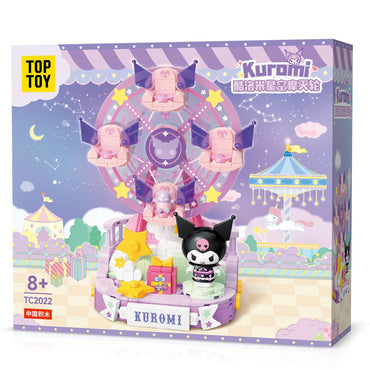 TOPTOY Sanrio Characters Building Blocks set with Kuromi in a purple amusement park theme, includes rotating bats and decorative stars. For ages 8+.