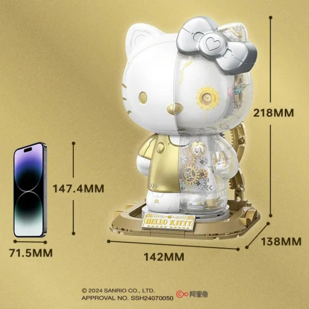 TOPTOY Hello Kitty White Golden Big Figure Building Blocks shown with dimensions compared to a smartphone, highlighting its collectible size.