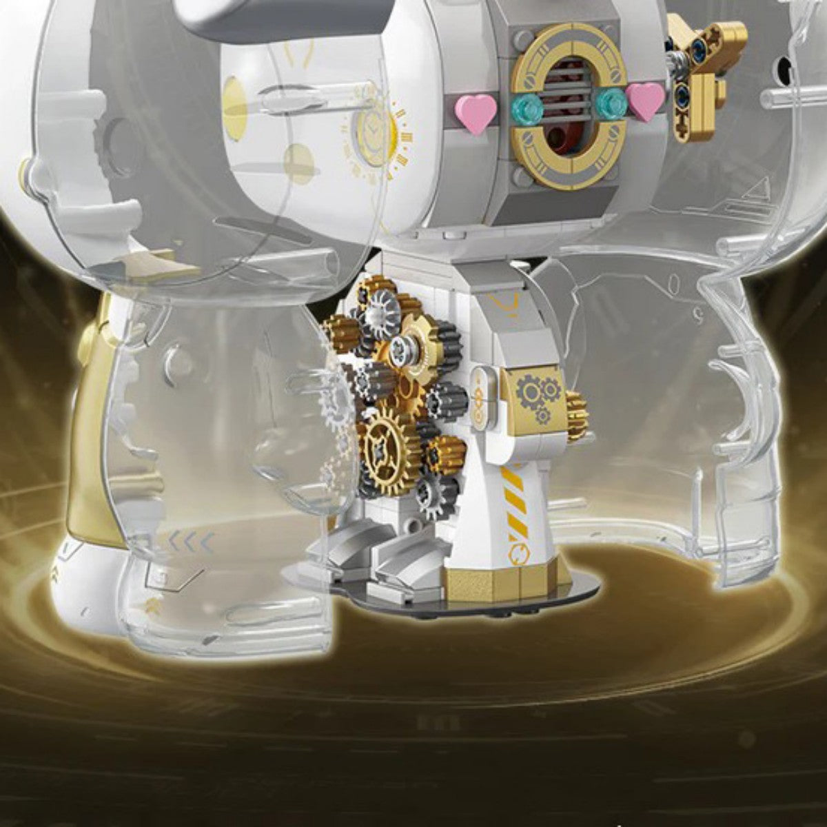 Close-up of the internal gold gear system inside the TOPTOY Hello Kitty White Golden Big Figure, emphasizing mechanical construction details.