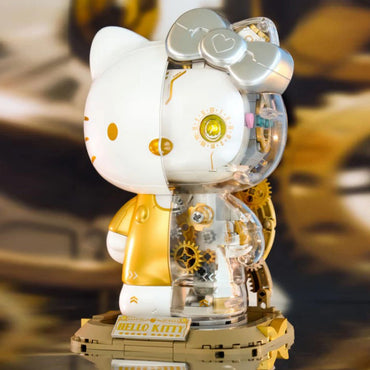 Limited-edition TOPTOY Hello Kitty White Golden Big Figure with gold-plated accents and intricate inner gear mechanisms on a display base.