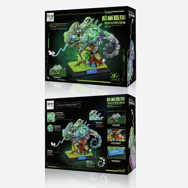TOPTOY Mechanical Creation Series Building Blocks chameleon set packaging showing product details, age rating, and completed model image.