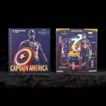 Packaging of Marvel Transformer Toy Action Figure Captain America featuring Infinity Saga artwork and toy transformation details for action figure fans.