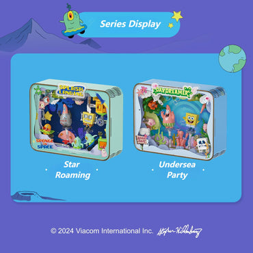 AREA-X SpongeBob Photo Frame Building Blocks series display showing Star Roaming and Undersea Party sets in themed packaging.