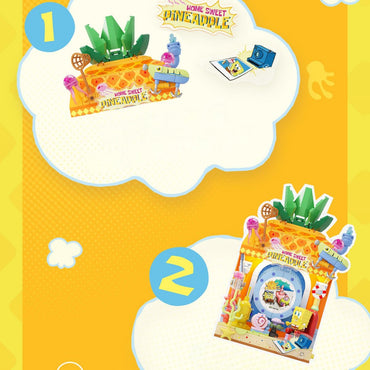 AREA-X SpongeBob Fantastic Window Sill Building Set shown in two stages of assembly with vibrant cartoon-style design and tropical elements.