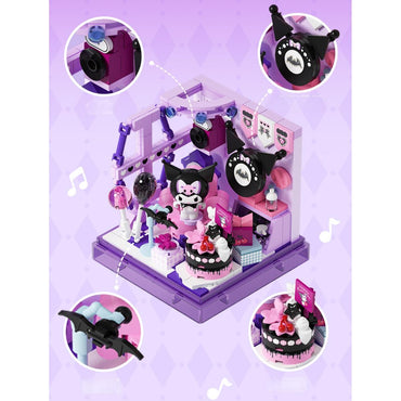 Kuromi's detailed party room from the AREA-X BOX Sanrio Family Cute Shop Building Set, showcasing interactive features and accessories.