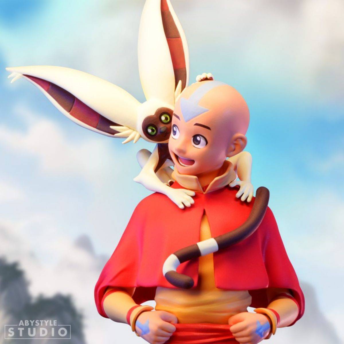 Detailed shot of ABYstyle Studio Avatar The Last Airbender Aang SFC Figure, highlighting Aang’s joyful expression and Momo’s playful stance.