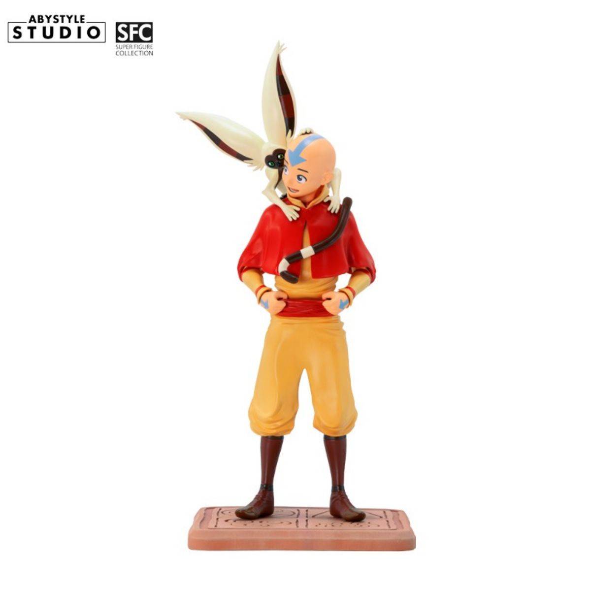 Front view of ABYstyle Studio Avatar The Last Airbender Aang SFC Figure, standing on a decorative base with Momo perched on his shoulder.