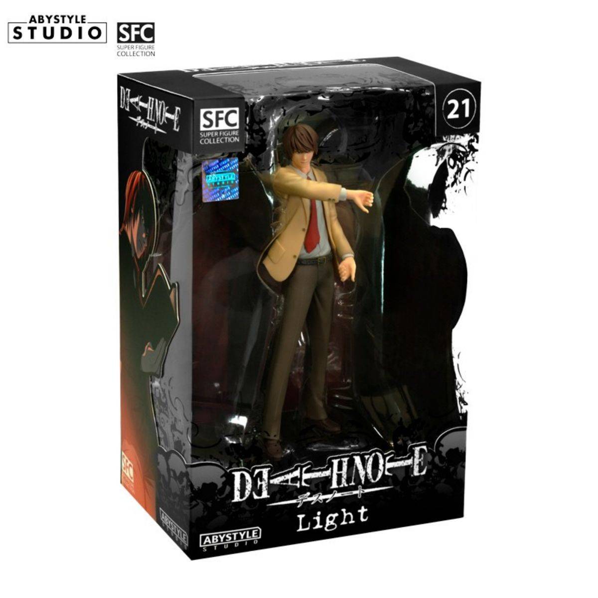 ABYstyle Studio Death Note Light SFC Figure in its original packaging, featuring a sleek black design with character artwork, perfect for collectors.
