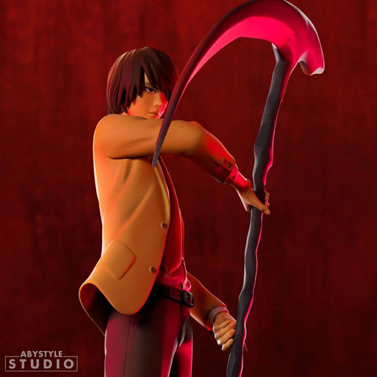 Close-up of ABYstyle Studio Death Note Light SFC Figure, showcasing detailed sculpting and dynamic pose with a scythe, great for display.