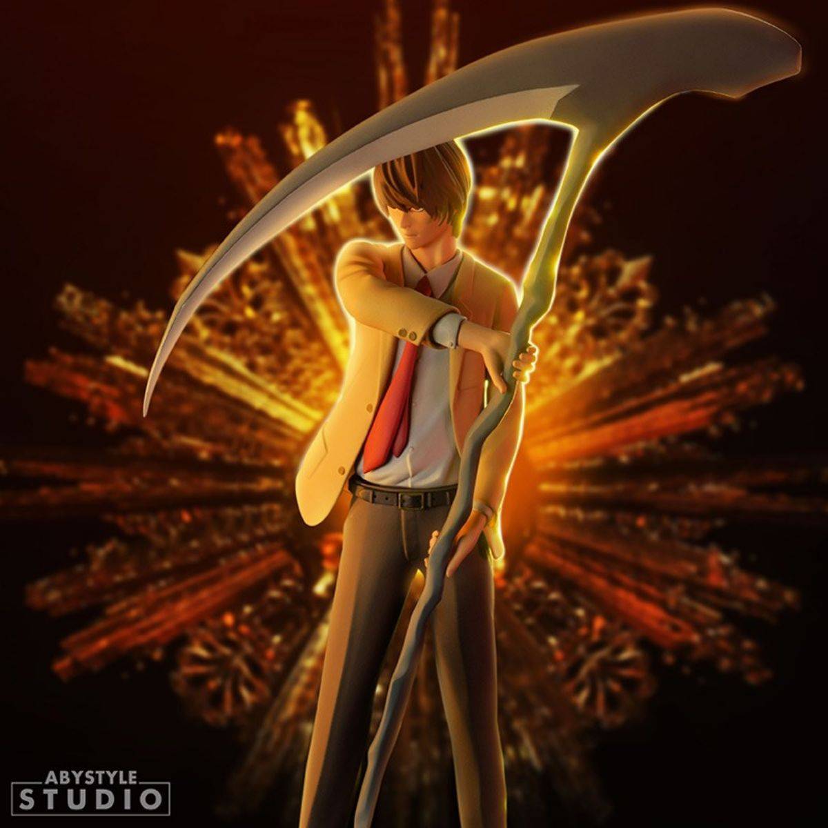 ABYstyle Studio Death Note Light SFC Figure in a powerful stance with a scythe, set against a golden burst background, perfect for collectors.
