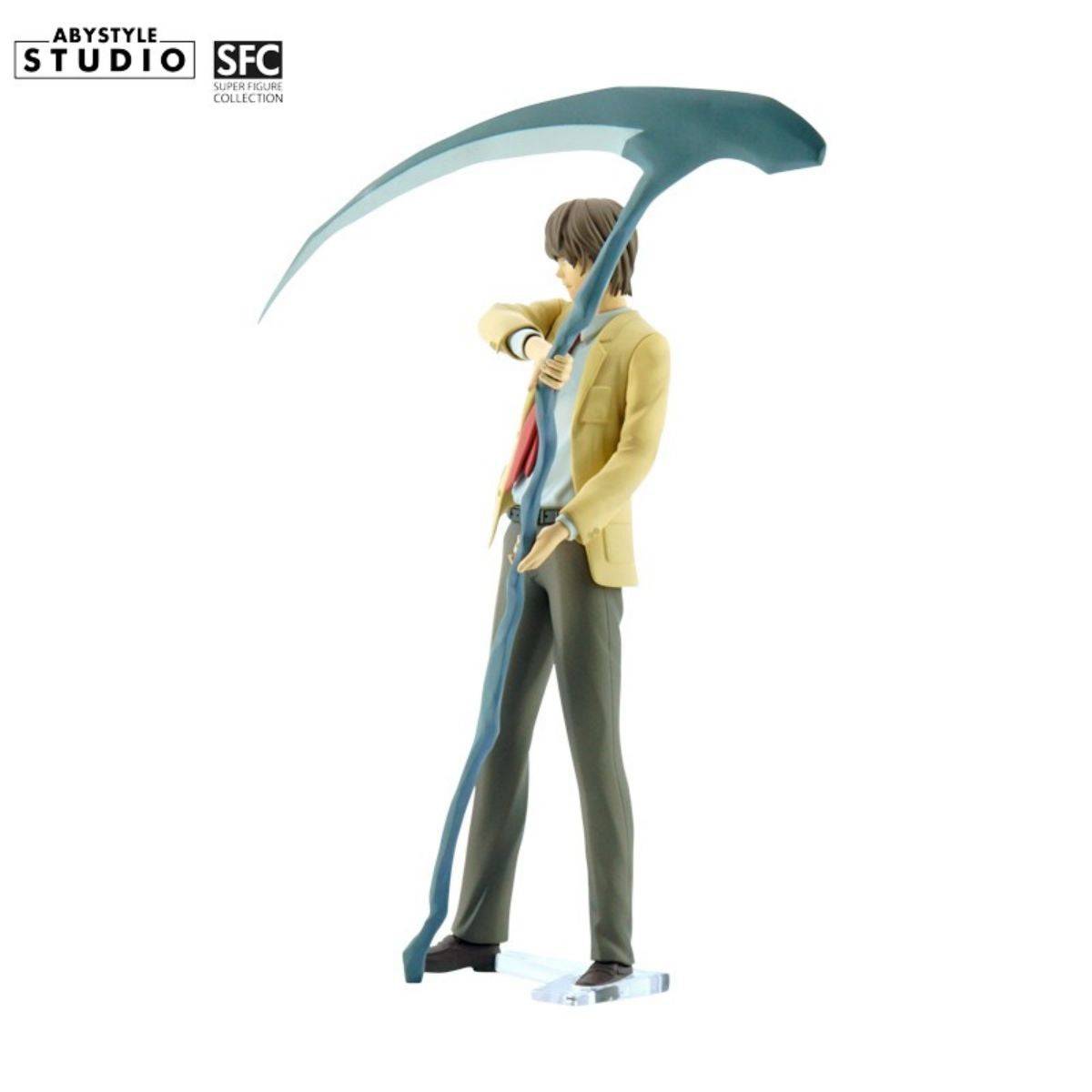 Side view of ABYstyle Studio Death Note Light SFC Figure, showcasing Light Yagami’s detailed outfit and scythe, ideal for anime figure enthusiasts.