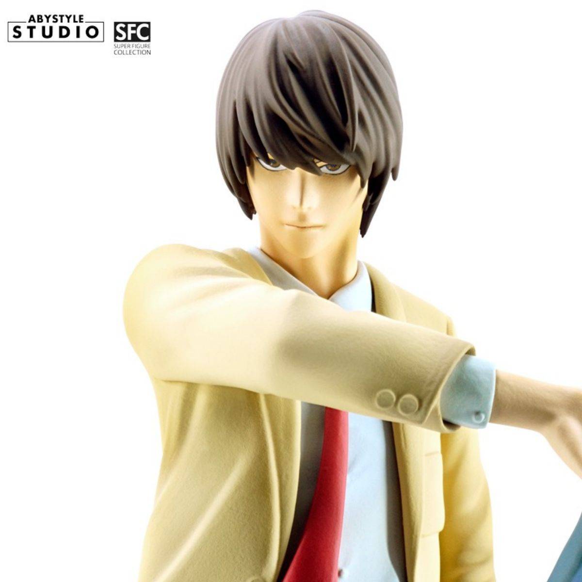 Detailed shot of ABYstyle Studio Death Note Light SFC Figure, focusing on Light Yagami’s face and upper body, showcasing high-quality sculpting.