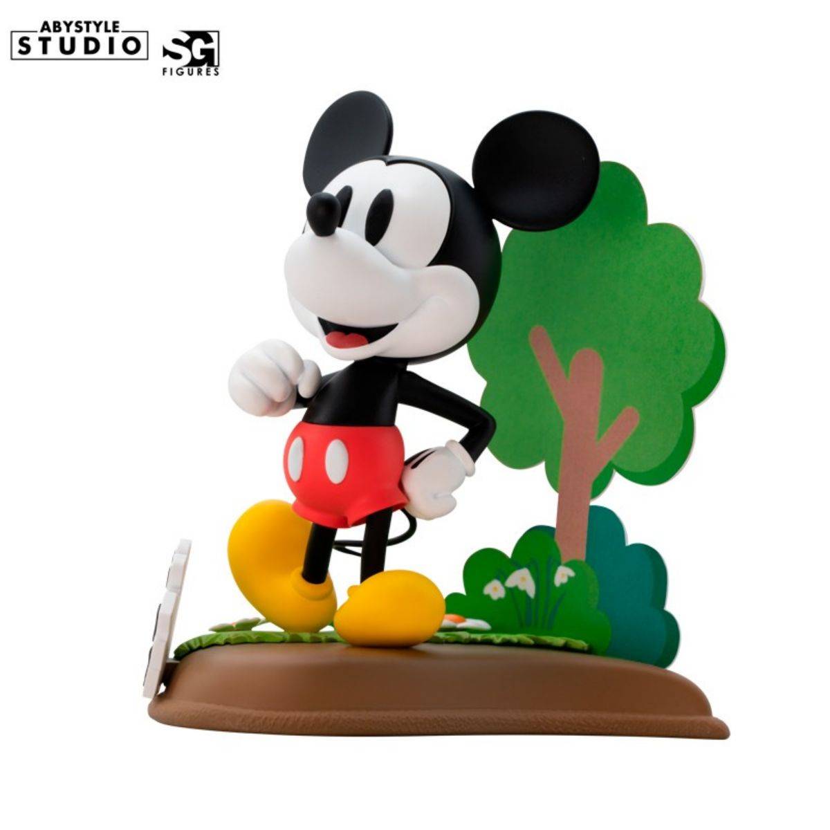 Side view of ABYstyle Studio Mickey Mouse figure, showing detailed sculpting and vibrant colors on a decorative base.