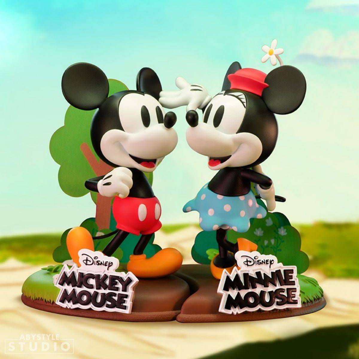 ABYstyle Studio Disney Mickey and Minnie figures displayed together. A perfect collectible set inspired by Steamboat Willie.