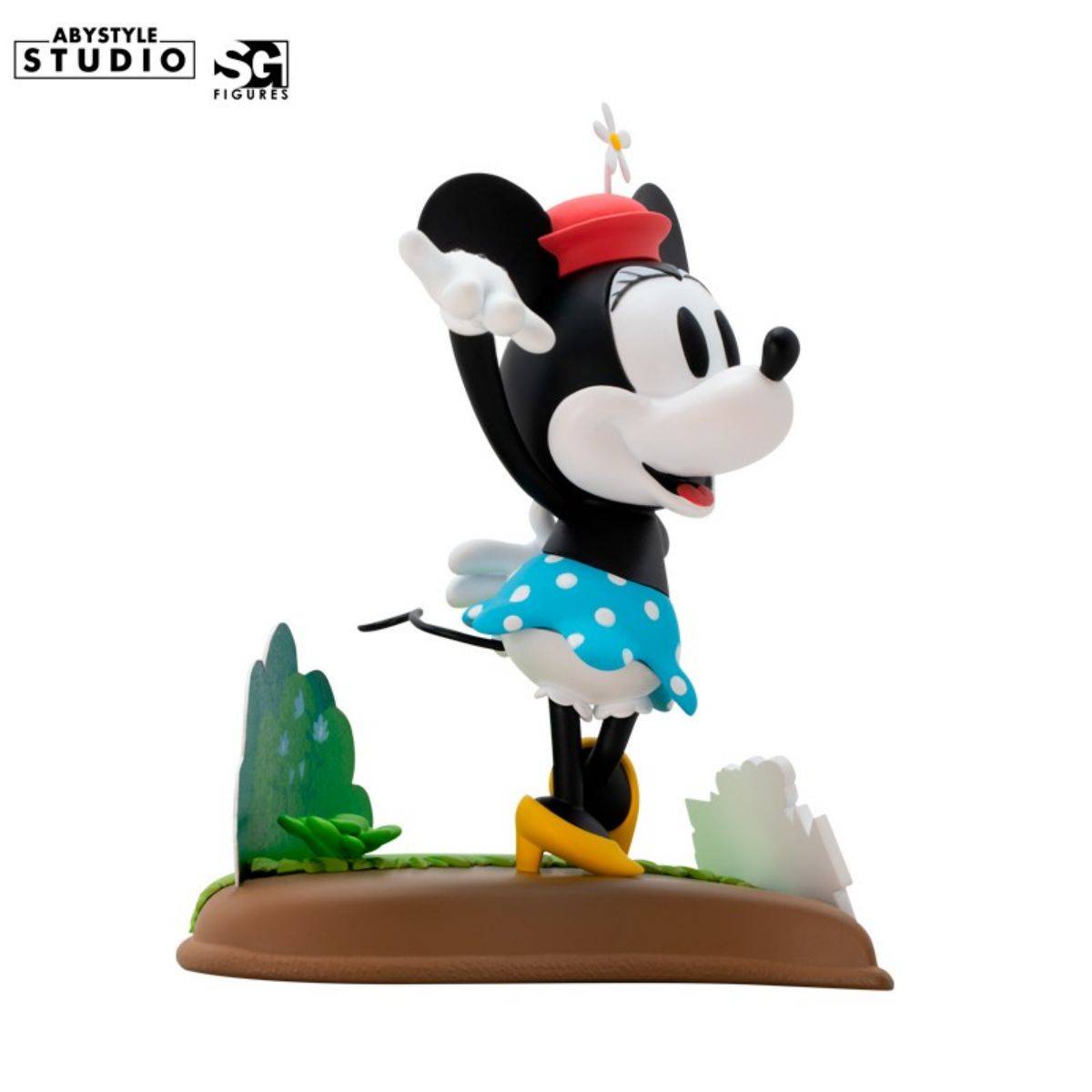 Side view of ABYstyle Studio Disney Minnie Figure 10cm, showcasing her dynamic pose and detailed base inspired by Steamboat Willie.