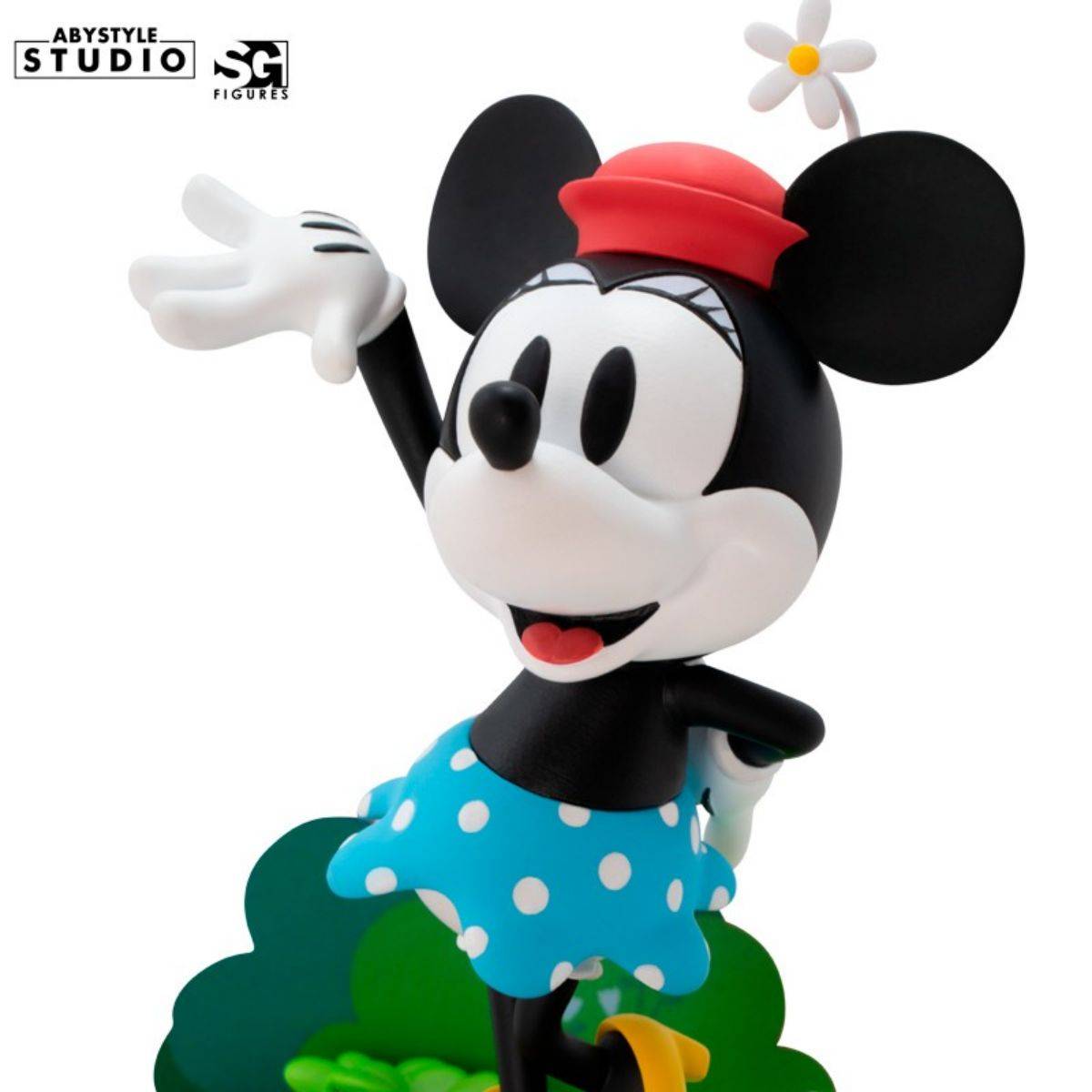 Close-up of ABYstyle Studio Disney Minnie Figure 10cm, highlighting her joyful expression and vintage Steamboat Willie outfit.
