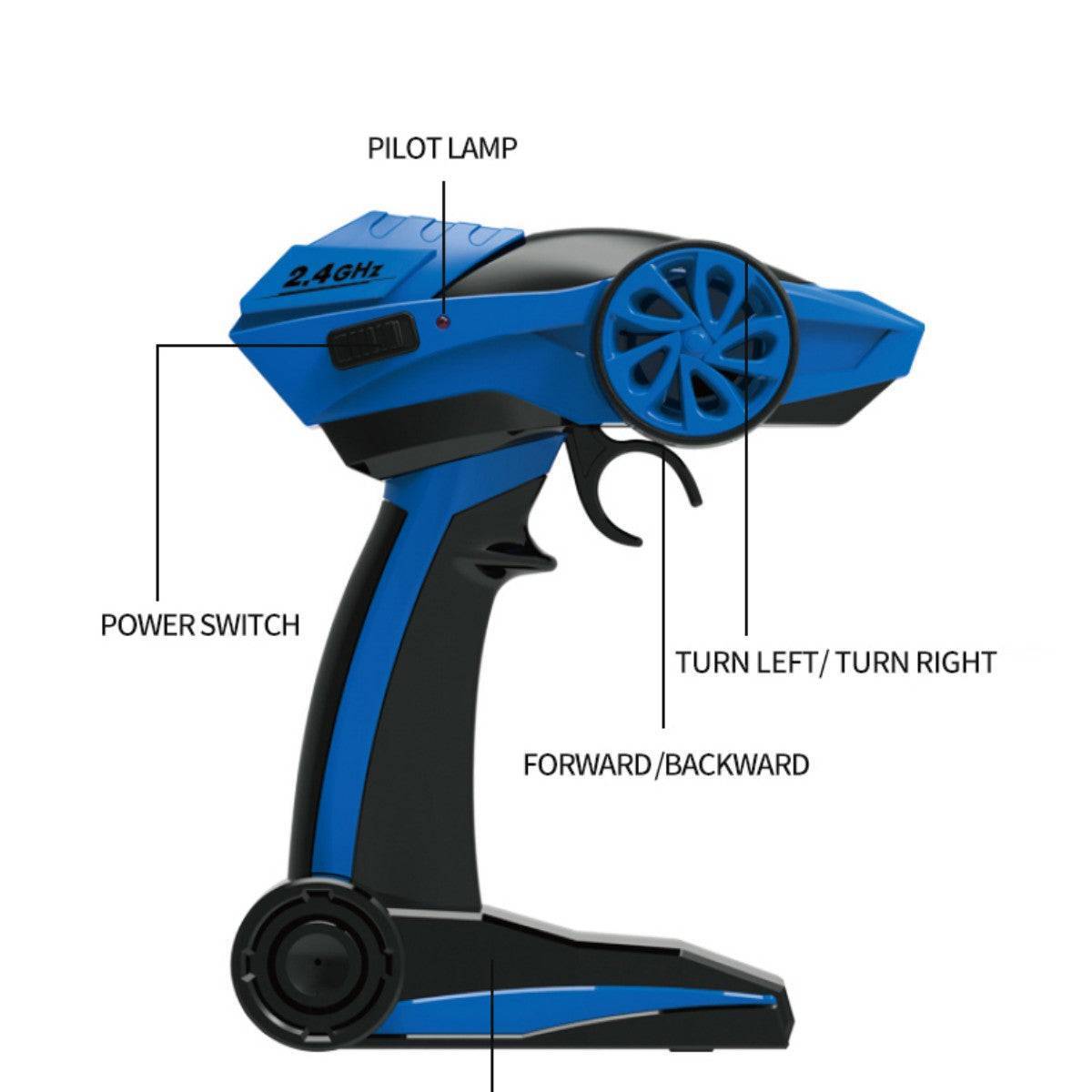 Detailed view of the 2.4GHz remote control for DK1803 4WD Off Road Remote Control Car, showing controls for precise handling and racing.
