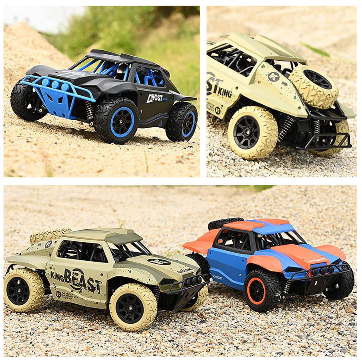 Multiple color variants of the DK1803 4WD Off Road Remote Control Car, showcasing its durable design and off-road capabilities.
