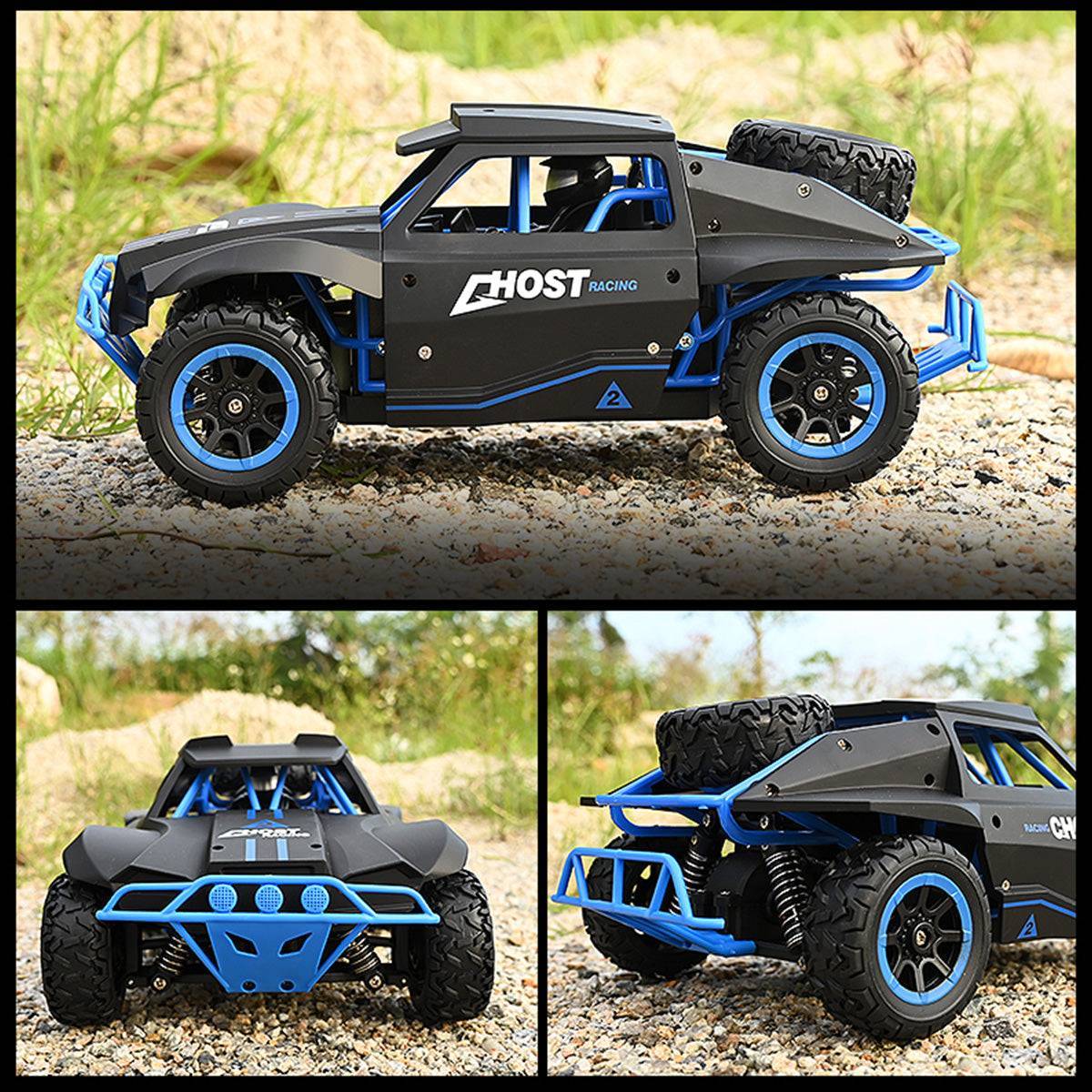Close-up views of the DK1803 4WD Off Road Remote Control Car in black and blue, highlighting its rugged build and off-road features.