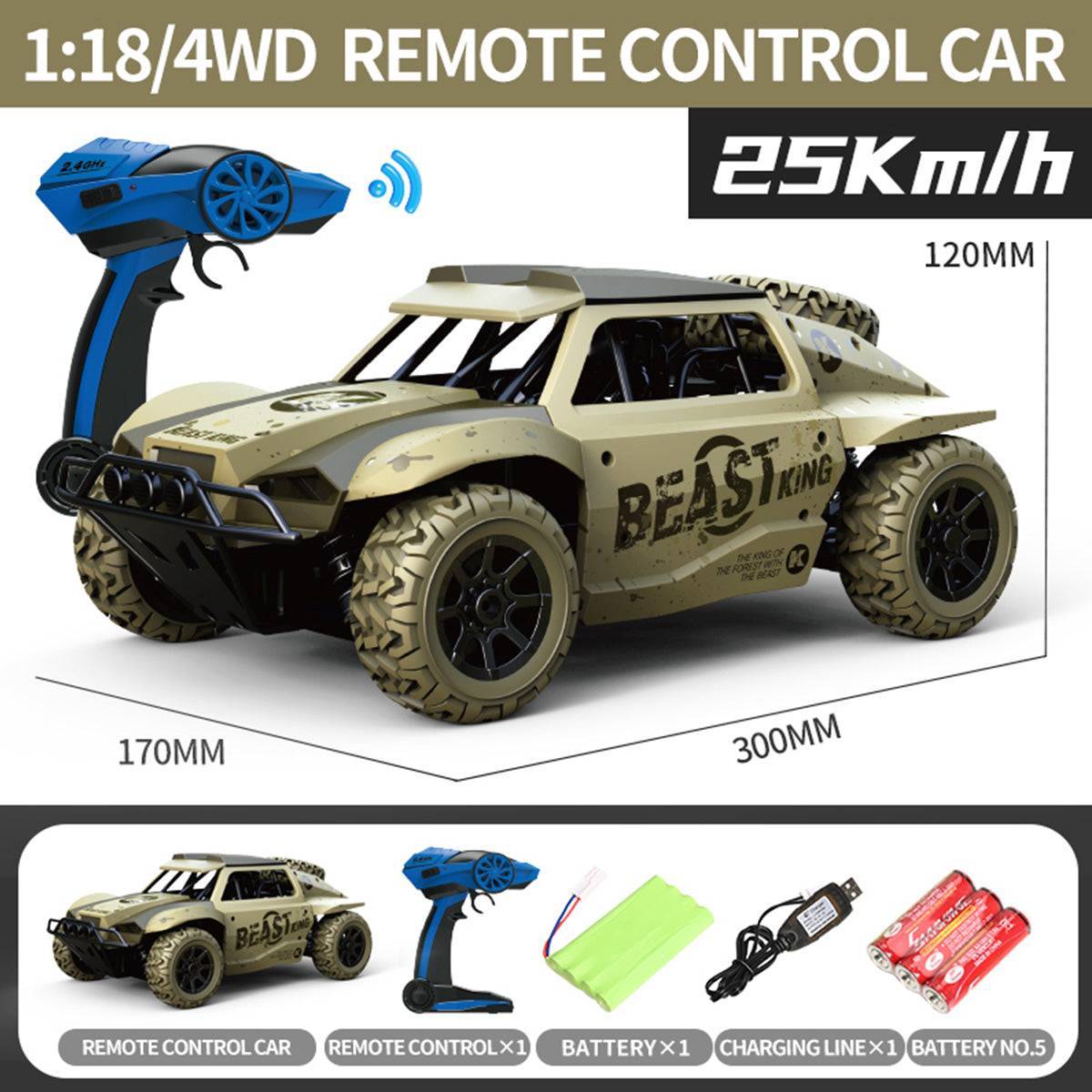 DK1803 4WD Off Road Remote Control Car with 25KM/H speed, durable tires, and a rugged design. Includes remote control, battery, and charger.