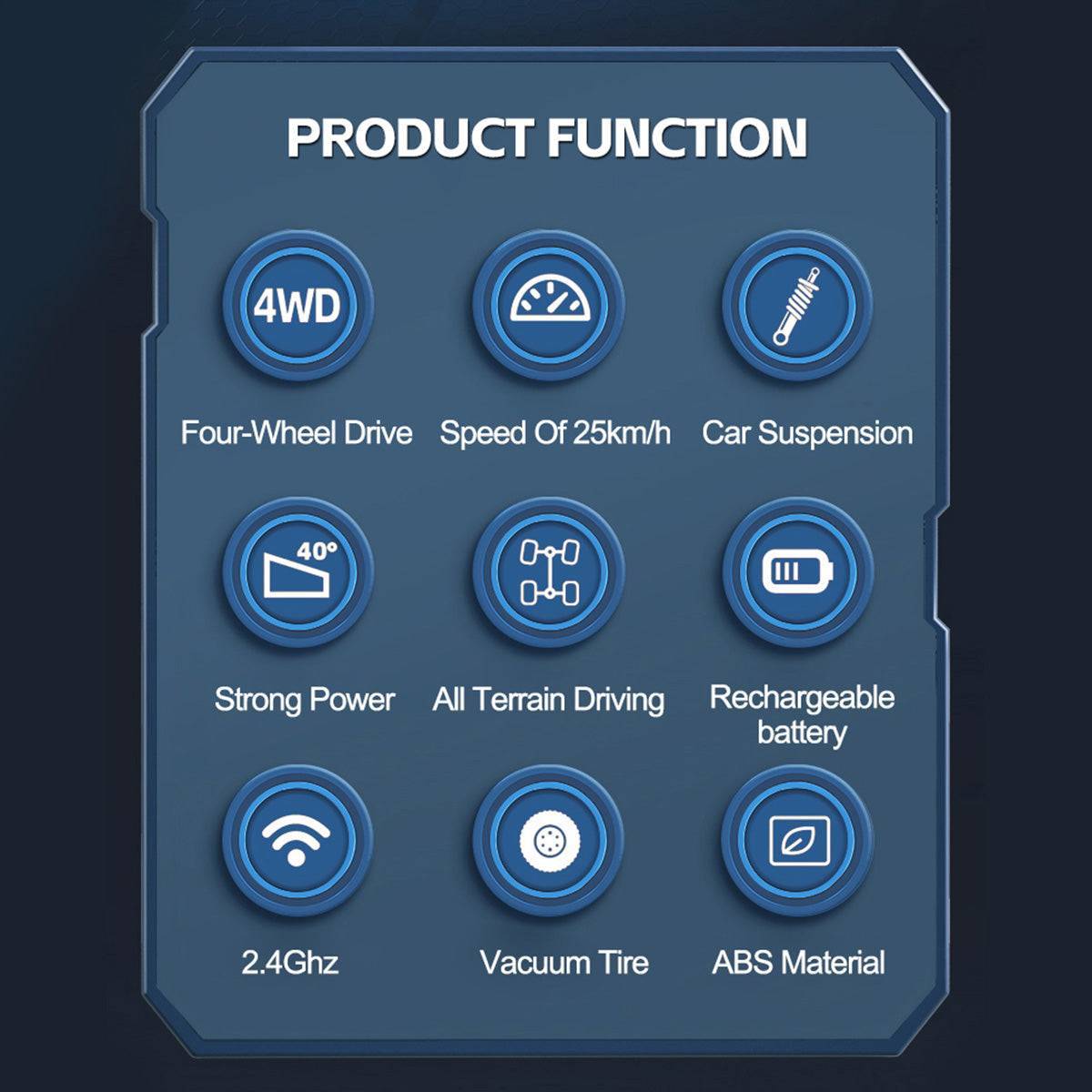 Product function overview of DK1803 4WD Off Road Remote Control Car, featuring 4WD, 25KM/H speed, rechargeable battery, and strong power.