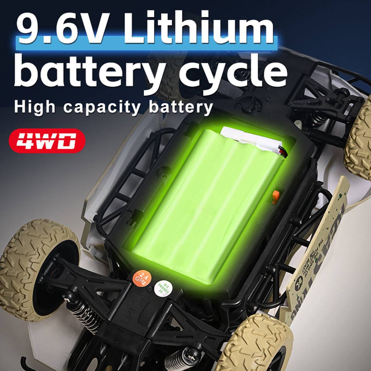 9.6V lithium battery-powered DK1803 4WD Off Road Remote Control Car with high capacity for extended playtime and powerful performance.