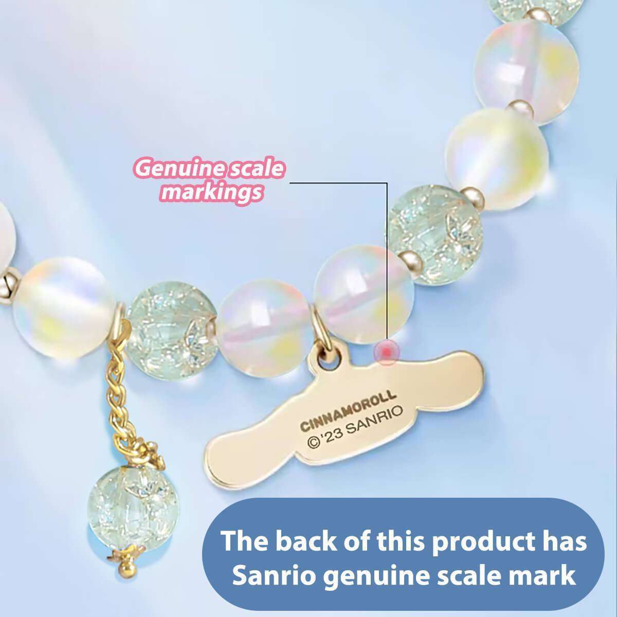 Close-up of Sanrio Cute Anime Crystal Bracelet showing genuine scale markings and Cinnamoroll charm. Authentic Sanrio jewelry piece.