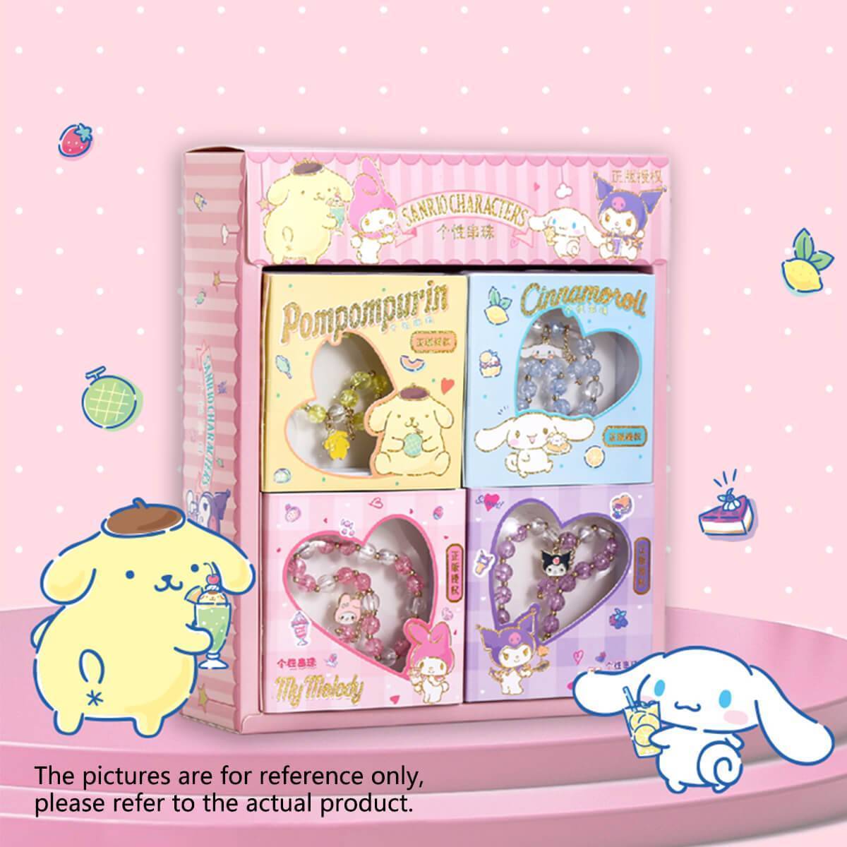Sanrio Cute Anime Crystal Bracelet collection in themed packaging featuring Pompompurin, Cinnamoroll, My Melody, and Kuromi designs.