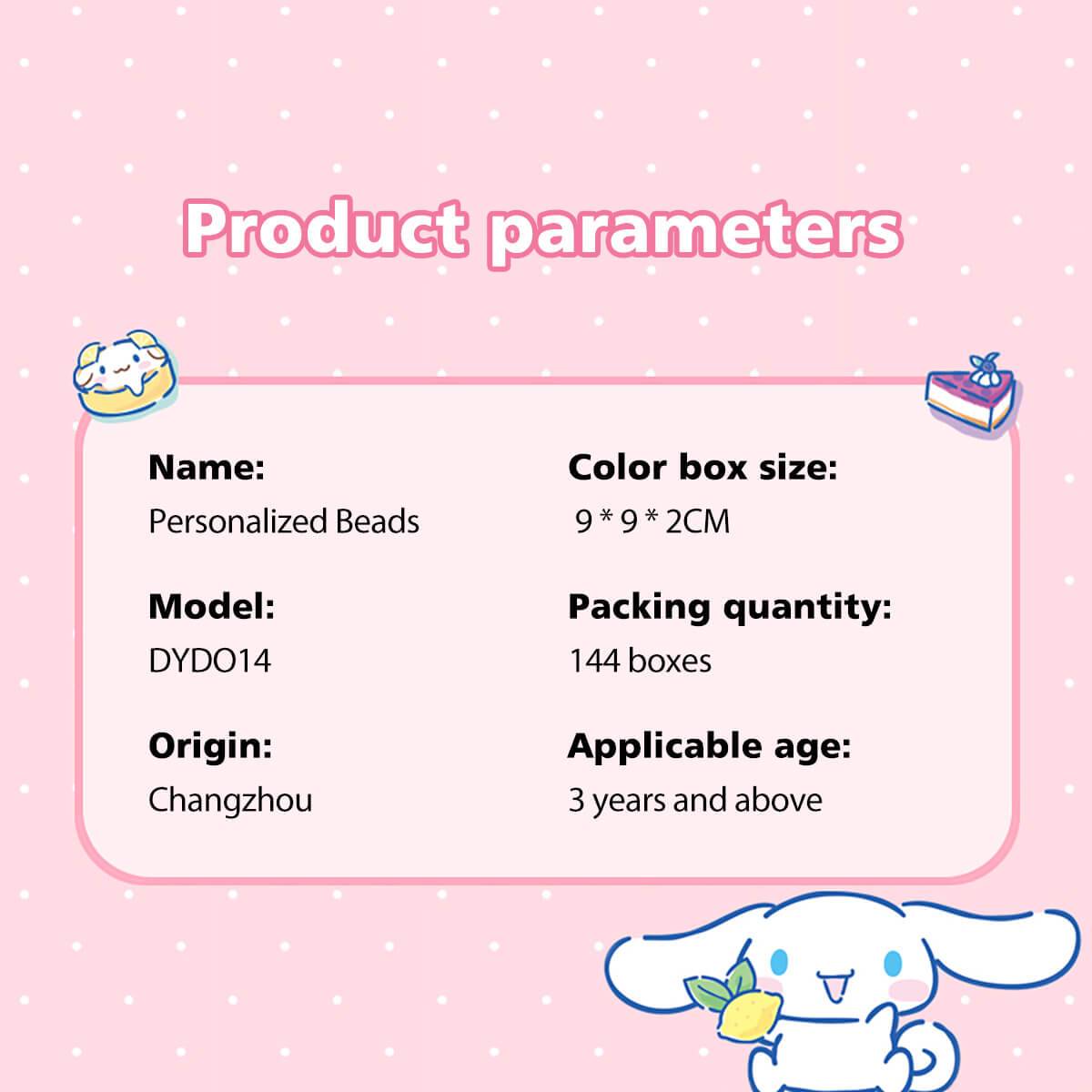 Product parameters for DYD014 Sanrio Cute Anime Crystal Bracelet, including size, model, origin, and recommended age for use.