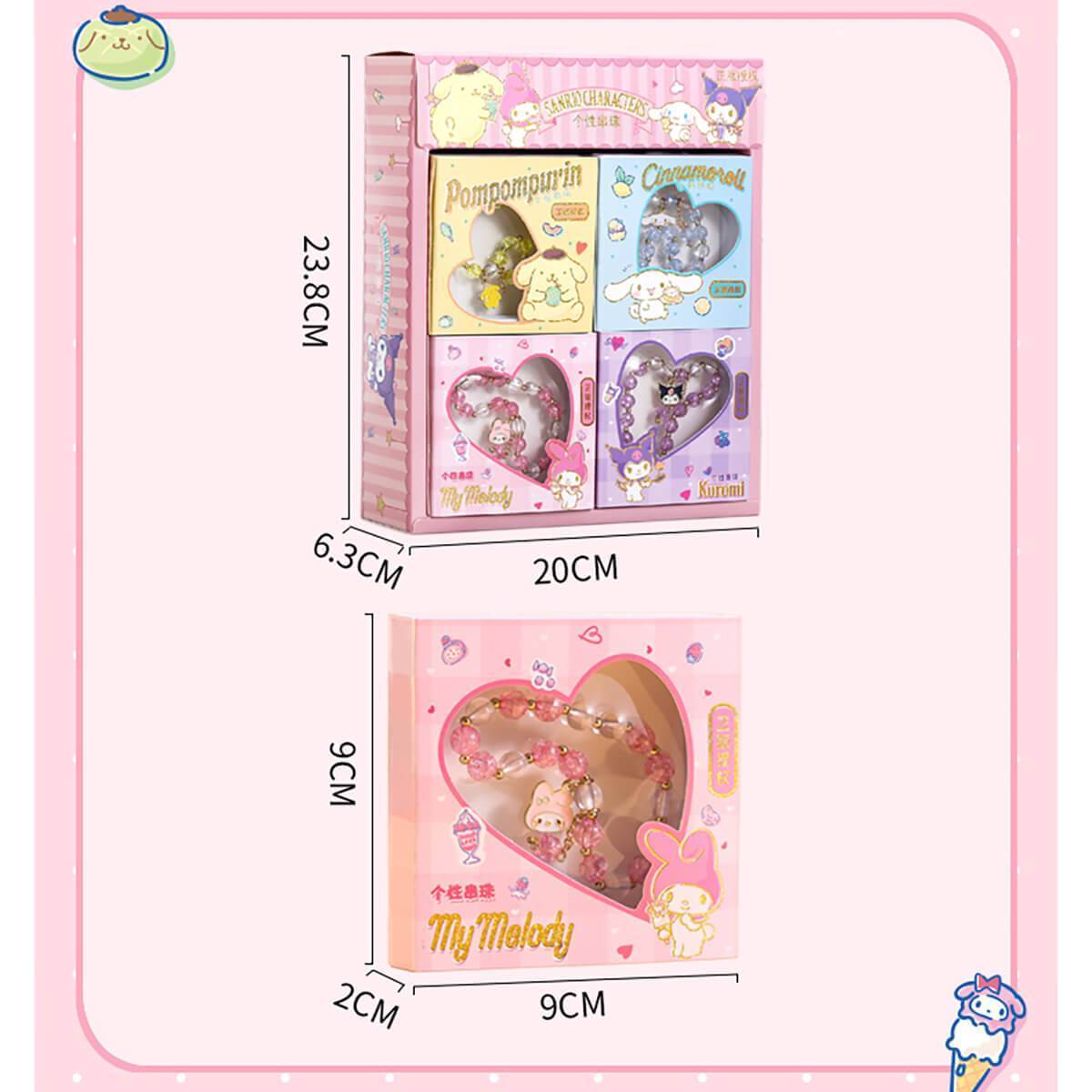 Dimensions of Sanrio Cute Anime Crystal Bracelet packaging, showing compact and stylish design with heart-shaped window for display.