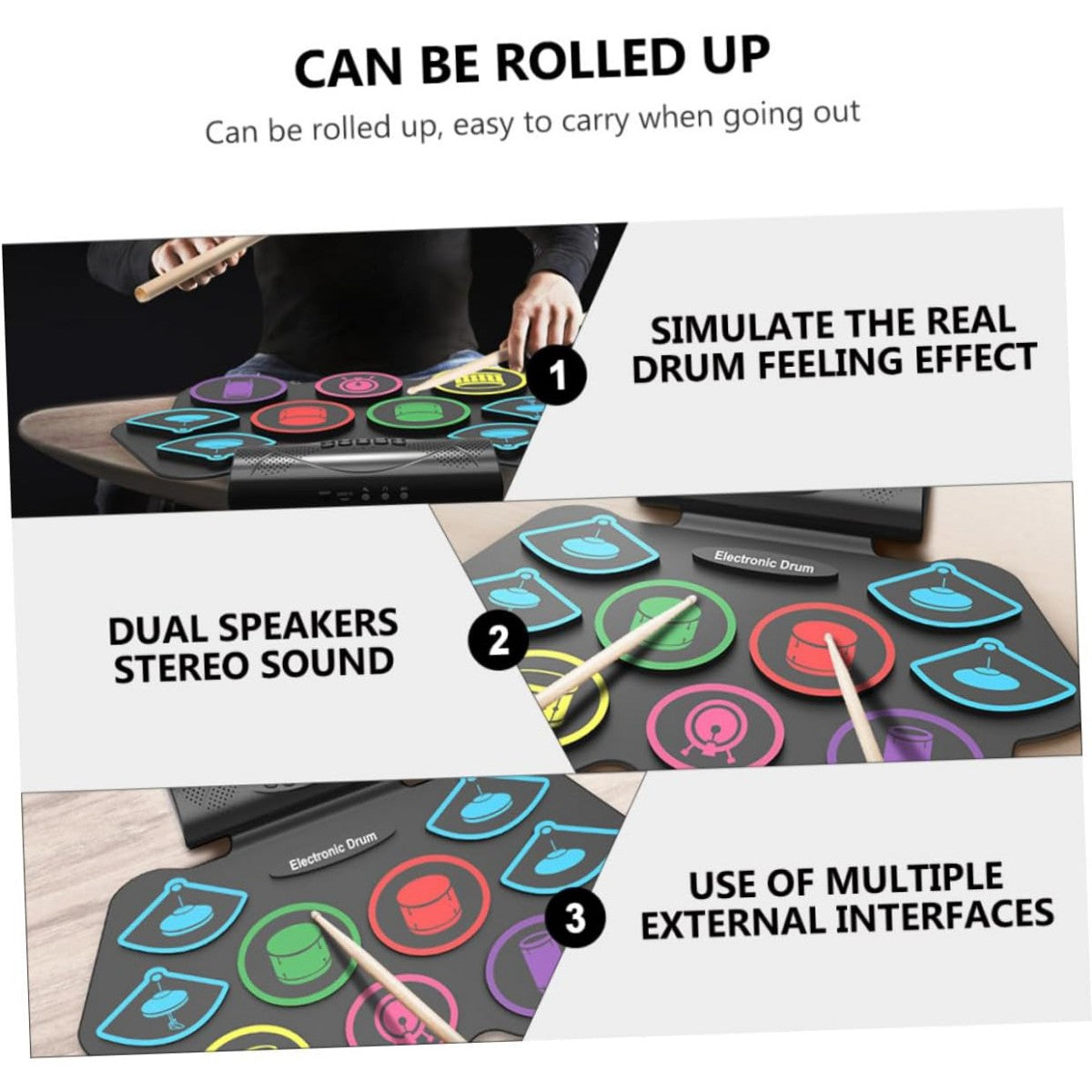 MD862MC Electronic Drum Pad Set with dual stereo speakers, realistic drum feel, and multiple external interface options.