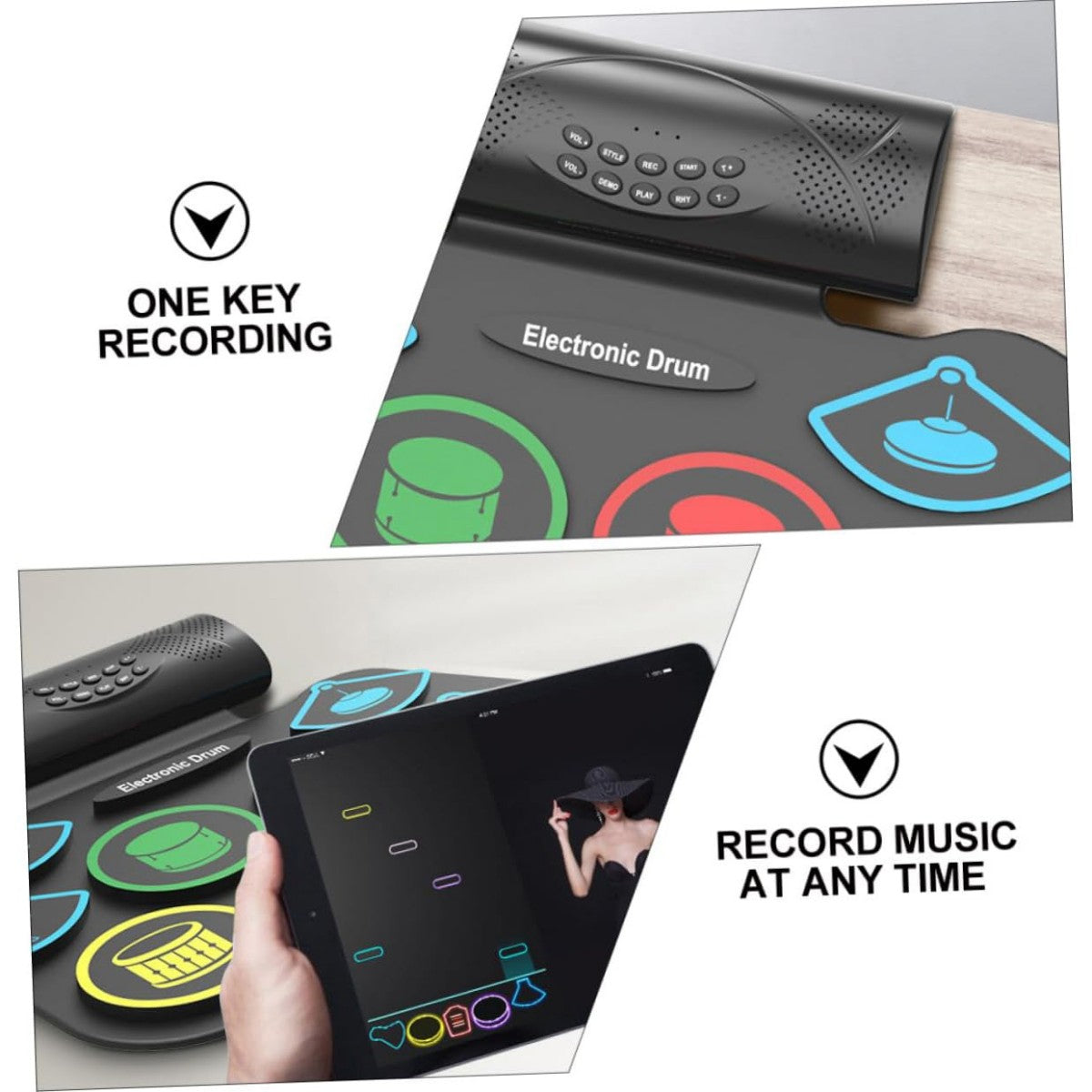 MD862MC Electronic Drum Pad Set with one-key recording function, allowing users to record and play music effortlessly.