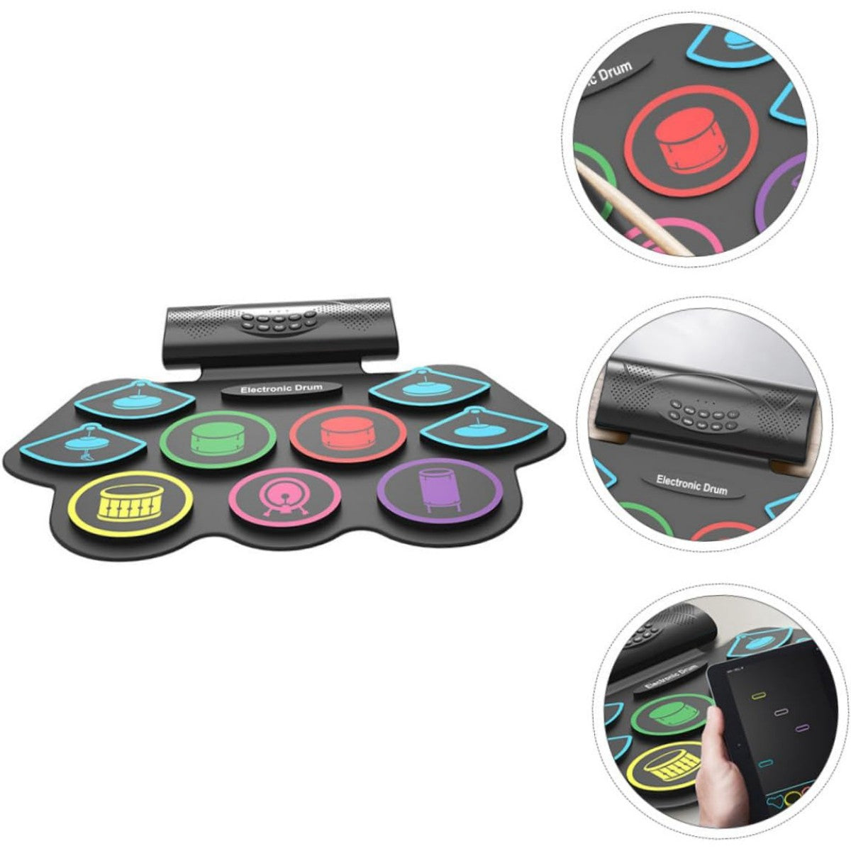 Close-up view of MD862MC Electronic Drum Pad Set, highlighting its flexible roll-up design and user-friendly controls.