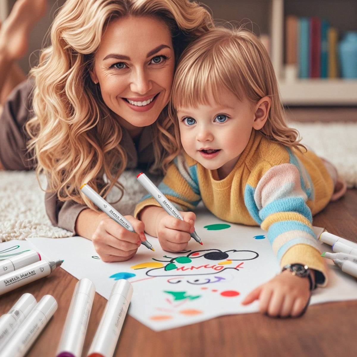 Happy mother and child drawing together with HugmieToys Double Tipped Permanent Marker Pens. Perfect for family-friendly creative activities.