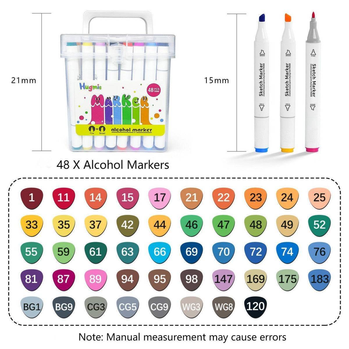 HugmieToys 48-piece Double Tipped Permanent Marker Pens set with color swatches. Ideal for artists, designers, and hobbyists.