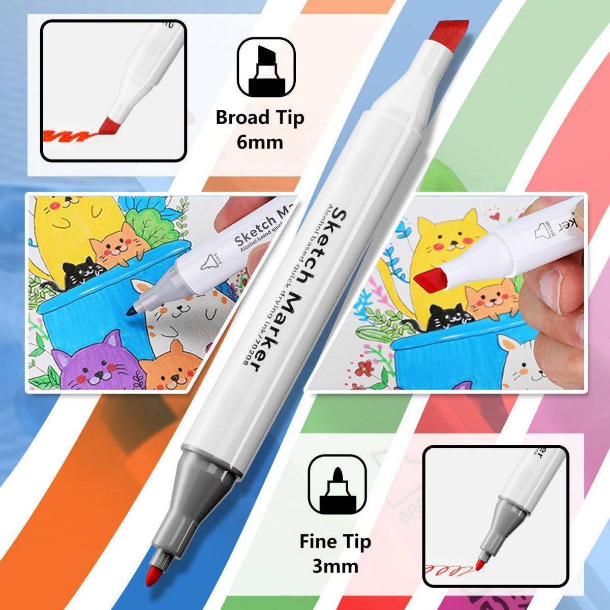 Close-up of HugmieToys Double Tipped Permanent Marker Pens featuring a 6mm broad tip and a 3mm fine tip. Great for detailed and bold strokes.